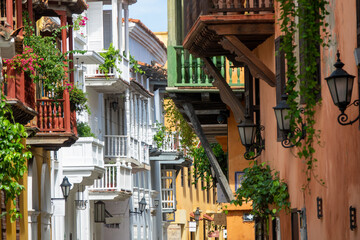 View of the streets and colorful houses of Cartagena de Indias, Colombia