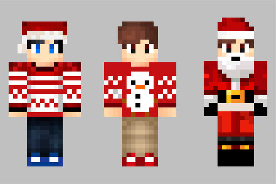 Pixel game. Skin Santa Claus. Heroe game concept. Concept of game characters wearing a Santa Claus hat. Vector illustration