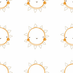 Vector hand-drawn color seamless pattern with cute smiling sun on white background. Cute simple print. Childish repeating texture. Ideal for fabric, wallpaper, textiles, baby clothes, wrapping paper.