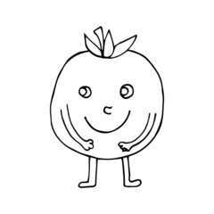 Funny cartoon character red tomato. Vegetables and fruits. Vector illustration. Isolated. Doodles. Comics. Suitable for landing page, banner, flyer, coloring pages for kids and adults.