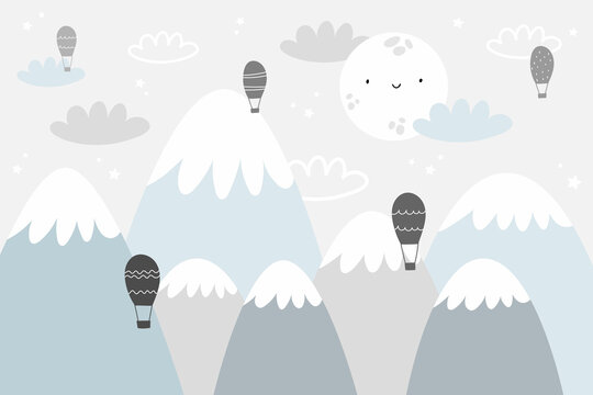 Fototapeta Vector children hand drawn doodle mountain illustration in scandinavian style. Mountain landscape, clouds, air balloons and cute moon. Kids wallpaper. Mountainscape, baby room design, wall decor.