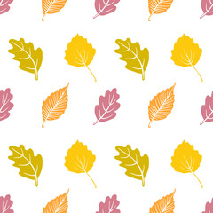 Seamless pattern with autumn leaves. Colorful paper cut fall woods collection isolated on white background. Doodle hand drawn vector illustration.