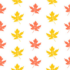 Seamless pattern with autumn maple leaves. Colorful paper cut fall woods collection isolated on white background. Doodle hand drawn vector illustration.