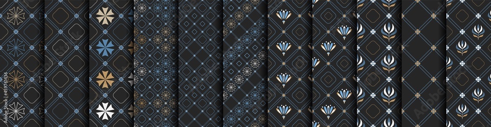 Poster set of checkered seamless patterns with thin lines, floral elements, geometric shapes. digonal compo