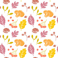 Seamless pattern with autumn leaves and fruits. Colorful paper cut fall woods collection isolated on white background. Doodle hand drawn vector illustration.