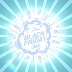 Black friday retro sales banner with sunrays, announcing discount, advertisement items, oldskool banner sunburst background