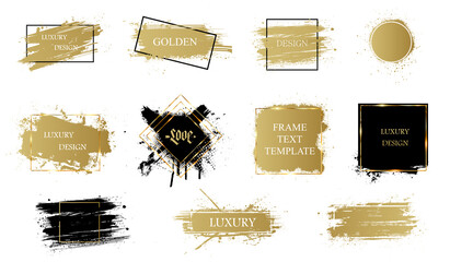 Golden grunge with frame. Texting boxes, logo and quote box speech template. Golden artistic design elements, boxes, frames for text. Template grunge patterns for text with golden frames. Vector set
