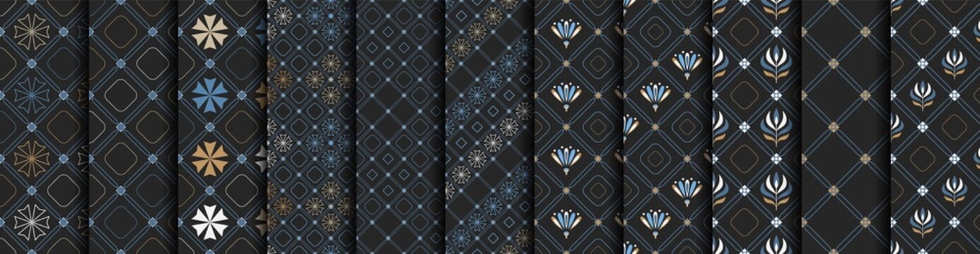 Set of checkered seamless patterns with thin lines, floral elements, geometric shapes. Digonal composition. Can be used for textile design, pattern fills, surface textures. Dark colors. Vector