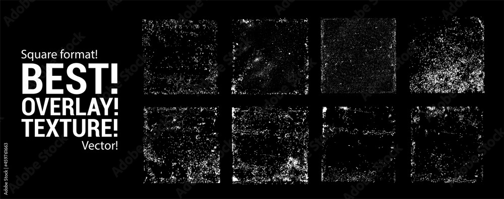 Aufkleber Stamps overlay texture in a square format with increased detail. Different paint textures with drop ink splashes, damage, grunge, old, concrete, paint, scratches. Dirty Overlay Texture stamps. Vector