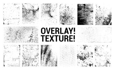 Various overlay textures, old wall effect, dirt, damage, dust, retro, grunge, paint, crack, scratch, dust, edge and other. Overlay grunge texture for background. Mockup texture stamp. Vector urban set