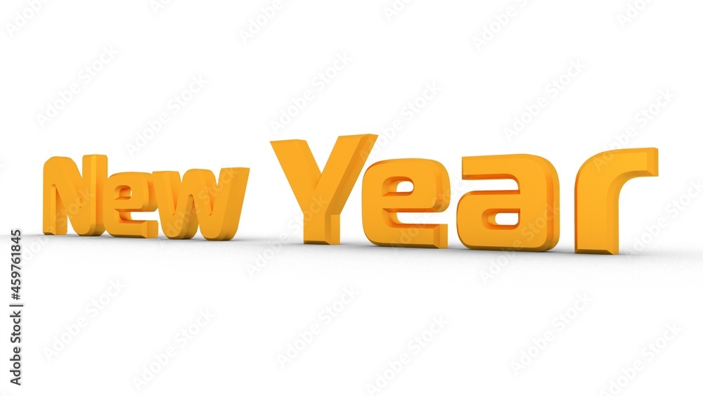 Poster golden 3d text new year on a white background with a shadow at the bottom. rendering an image.