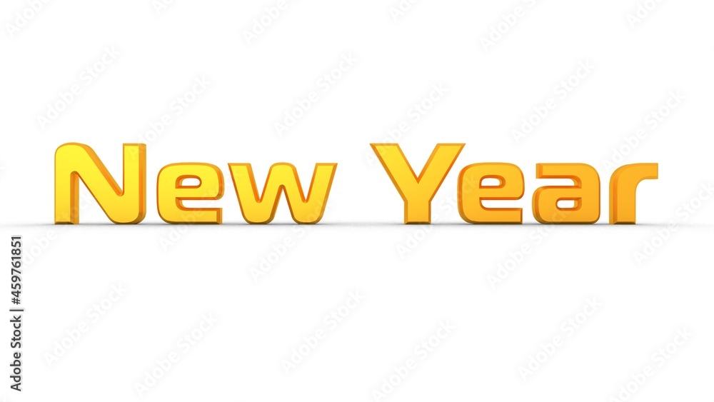 Poster golden 3d text new year on a white background with a shadow at the bottom. rendering an image.