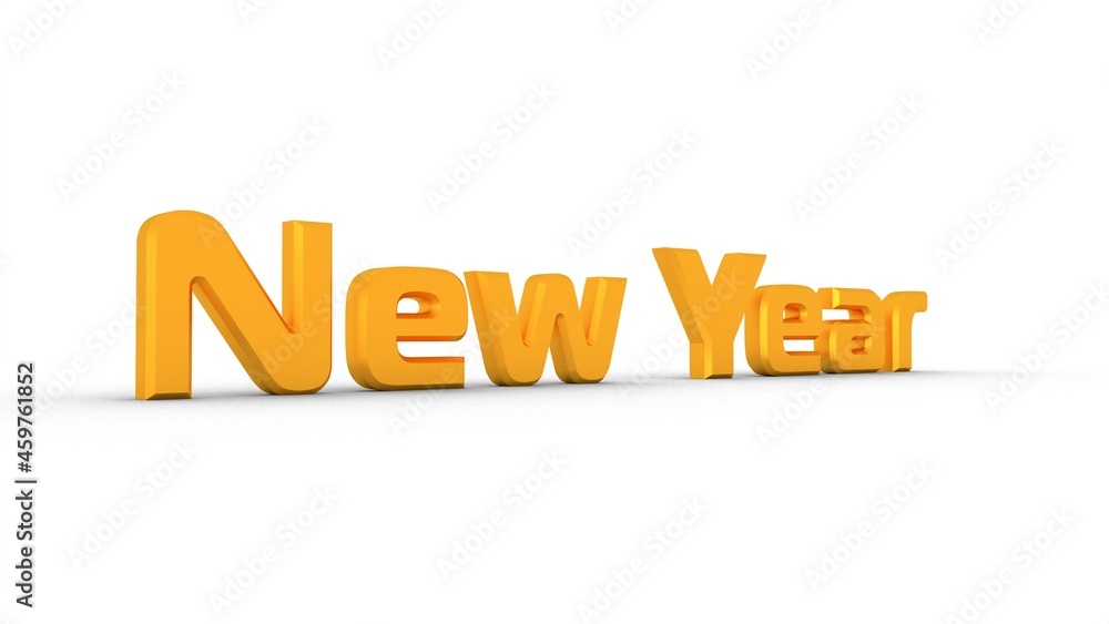 Poster golden 3d text new year on a white background with a shadow at the bottom. rendering an image.