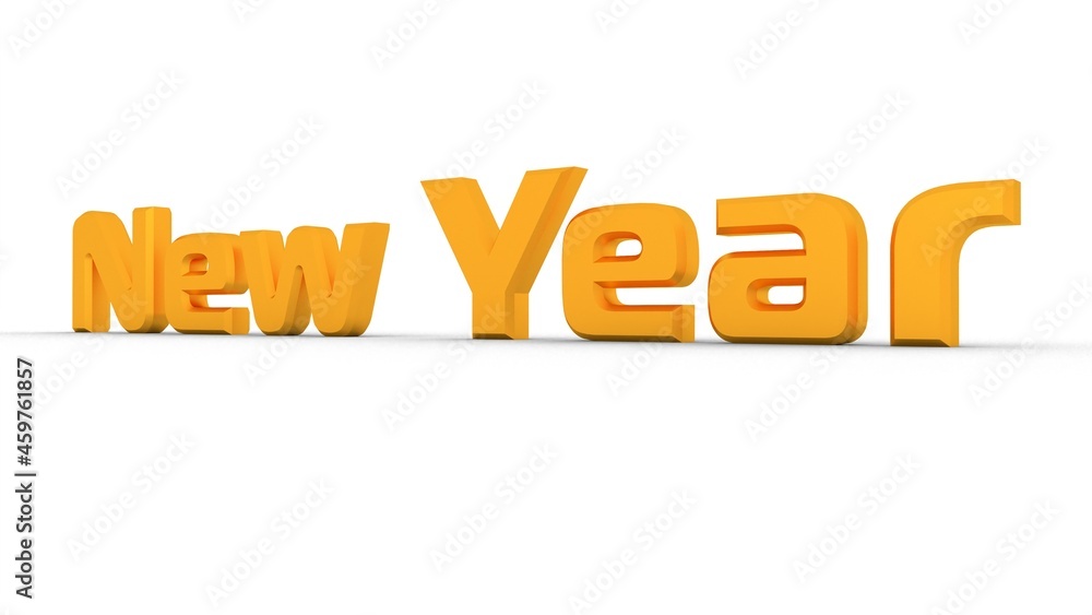 Poster golden 3d text new year on a white background with a shadow at the bottom. rendering an image.