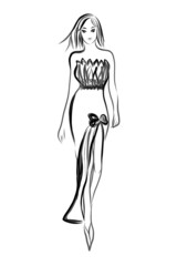 Fashion woman demonstration Ink sketch hand drawn. Trendy fashionable model draw black outline sexy lady walking and posting on podium. Modern fashion show sketch book, vector illustration
