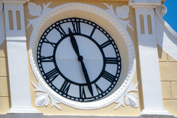 Closeup view of the San Pedro Claver sanctuary clock in Cartagena de Indias, Colombia