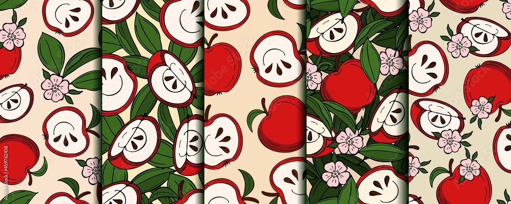 Aufkleber set of seamless patterns with red apples