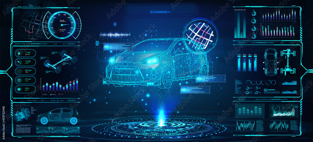 Poster Diagnostic Auto in HUD style. Scan and Maintenance Automobile in 3D visualisation hologram. Hi-tech Car Service with HUD interface. Dashboard in auto service, diagnostic car, repairs cars. Vector 