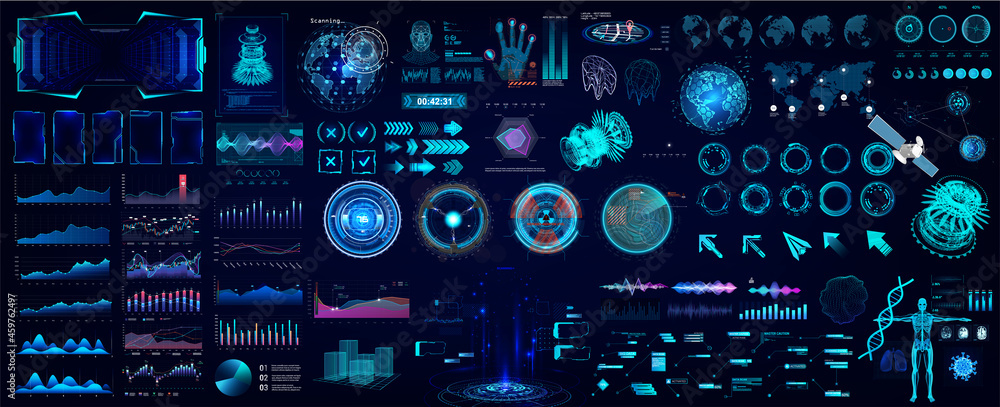 Aufkleber Colorful HUD elements set for UI, UX, GUI projects. Hi-tech digital elements for Scifi and HUD design - Circle gadgets, frames, callouts titles, charts, audio graphics, circle Sci-fi elements. Vector