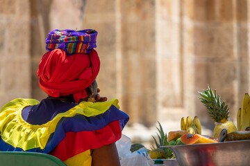 Closeup view of a traditional colorful fruit street vendors in Cartagena de Indias called...