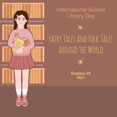 International School Library Day. Schoolgirl girl in glasses and with braces in the library in an embrace with books. Vector banner illustration.