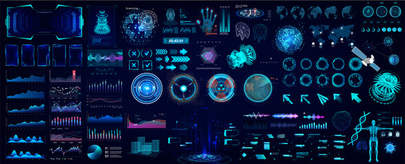 Colorful HUD elements set for UI, UX, GUI projects. Hi-tech digital elements for Scifi and HUD design - Circle gadgets, frames, callouts titles, charts, audio graphics, circle Sci-fi elements. Vector