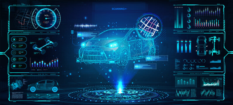 Diagnostic Auto in HUD style. Scan and Maintenance Automobile in 3D visualisation hologram. Hi-tech Car Service with HUD interface. Dashboard in auto service, diagnostic car, repairs cars. Vector 
