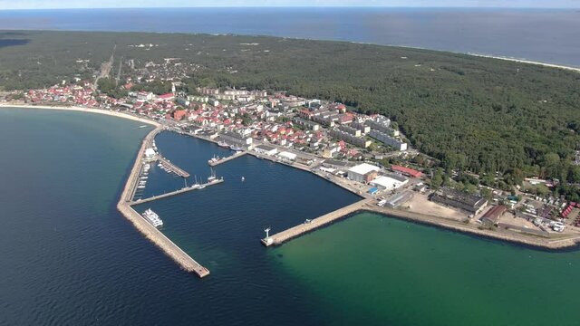 Flying over the port in Hel town and peninsula at the Baltic Sea, Poland, Europe