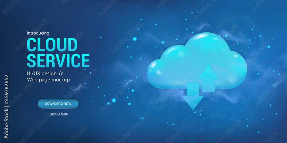 Poster Web banner Cloud Storage. Blue illustration digital service or application with data exchange for hosting or cloud service. Working with a remote server, big data for sites, networks or programs.