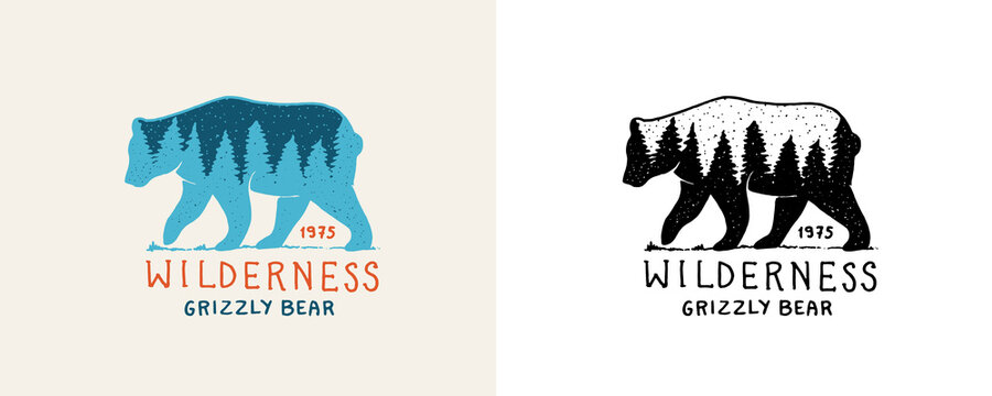 Bear with forest double exposure. Tourism symbol. Grizzly silhouette t-shirt design. Fir forest. Engraved hand drawn in old vintage sketch. Doodle Wooden travel logo. Explorer, wilderness sticker. 