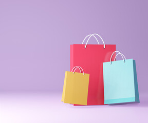 3D color paper shopping bag on purple background. 3D illustration rendering.
