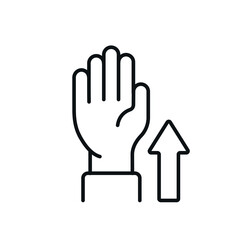 Auction bid linear icon. Hand with arrow thin line customizable illustration. Vector isolated outline drawing. Editable stroke