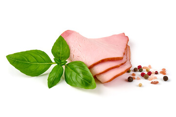 Slices of smoked loin, isolated on white background.