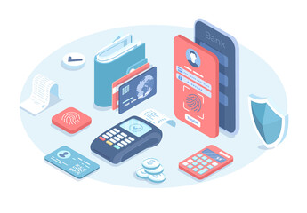 Phone online payment. Mobile banking, wireless technologies.  Mobile banking application on a screen. Vector illustration in 3d design. Isometric web banner.