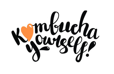 Kombucha Banner lettering in black ink. Hand drawn quote for menu, sign, poster, sticker, blog, product design. Isolated vector drawing on white background. Healthy fermented probiotic tea drink. 