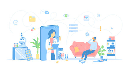 Online doctor consultation. Medicine service, healthcare application. Virtual examination and diagnosis patient via remote application on smartphone. Vector illustration flat style.