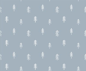 Spruce, fir, pine trees, simple childish winter seamless pattern, blue on white background. Hand drawn vector illustration. Design concept for kids textile, fashion print, wallpaper, packaging.