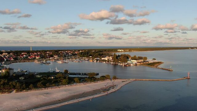 Flying over the port in Jastarnia on Hel peninsula at the Baltic Sea in Poland