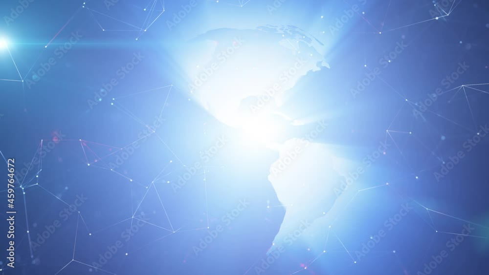 Poster abstract shining earth planet network with sunlight and flickering lights animation. view from space