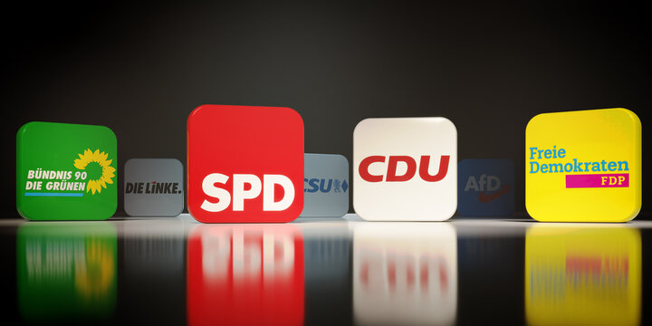 Guilherand-Granges, France - September 28, 2021. German Federal election. Cubes in different colors of German parties. Coalition talks. 3D rendering.