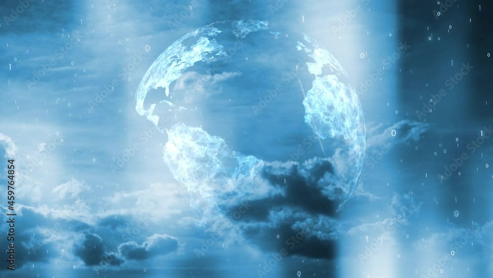 Poster digital sky network with earth planet, clouds and data animation.