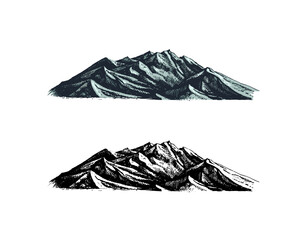 Naklejka premium Mountains peaks. Old Hill. Vintage, looking hand drawn. Engraved style. Sketch for hiking, climbing. Doodle style