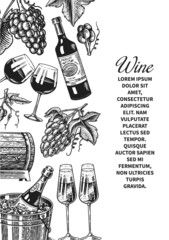 Wine poster or vineyard banner. Sparkling champagne background, Cheers toast and Grape. Hand Drawn engraved vintage old sketch for bar, alcohol label, restaurant menu.