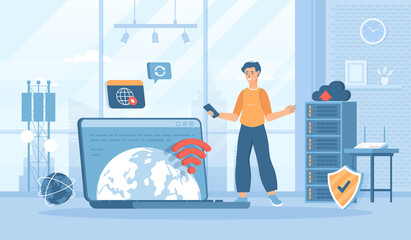 Wireless technology, WiFi network communication. Fast data transfer from one device to another. Flat cartoon vector illustration with people characters for banner, website design or landing web page  