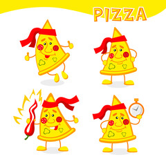 Pizza slice. Cute fast food vector character set isolated on white. Cartoon sticker in comic style