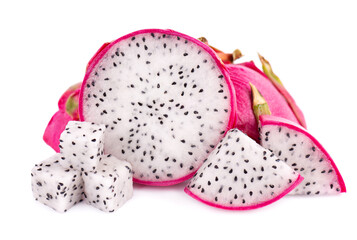 Dragon fruit isolated on white background. Slice of fresh Pitaya or Pitahaya fruit with clipping path.