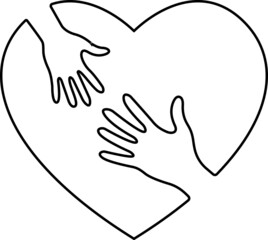 Heart Love Hands Couple. Vector art. Black and white. White background. One line drawing.