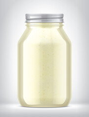 Glass Jar with Sauce on Background. 