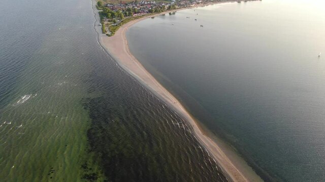 Flying over the sandbar in Rewa village at the Baltic Sea in Poland, Europe