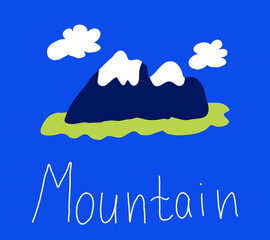Snow-capped mountains are hand-drawn in the doodle style. Mountain landscape. Vector illustration. Vector illustration